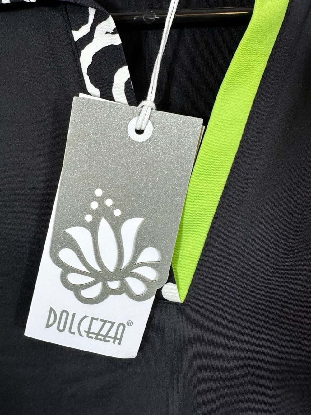 Dolcezza Golf Wear Polo Shirt - Black and White Patterned with Lime Green Trim - Picture 4 of 6
